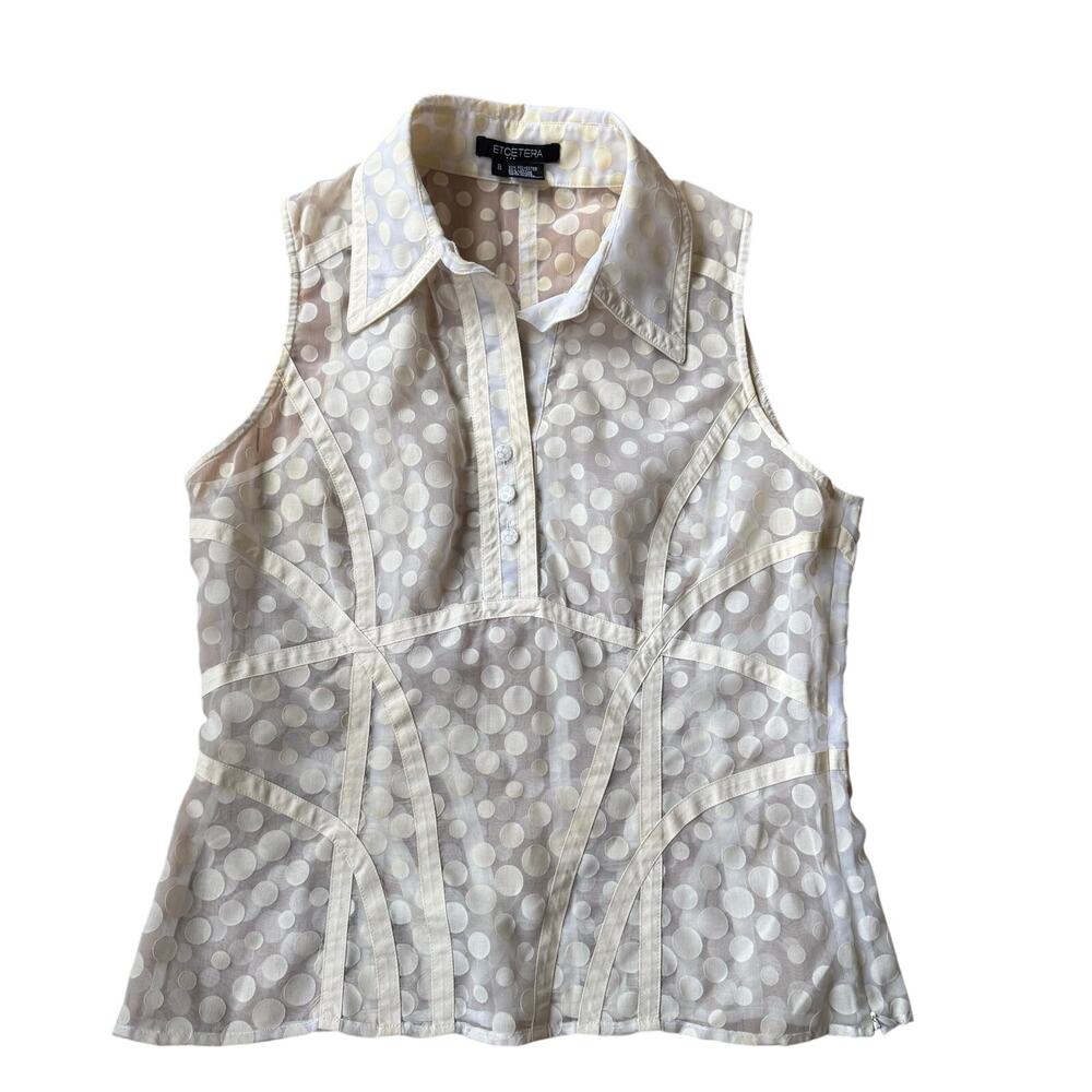 Etcetera Cream Ivory Sheer Polka Dot Print Collared Sleeveless Blouse Sz 8 Chic